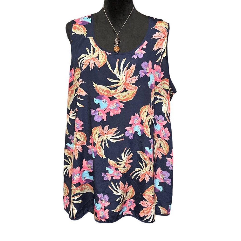 💖Navy blue tropical print, sleeveless top with exposed navy zipper closure